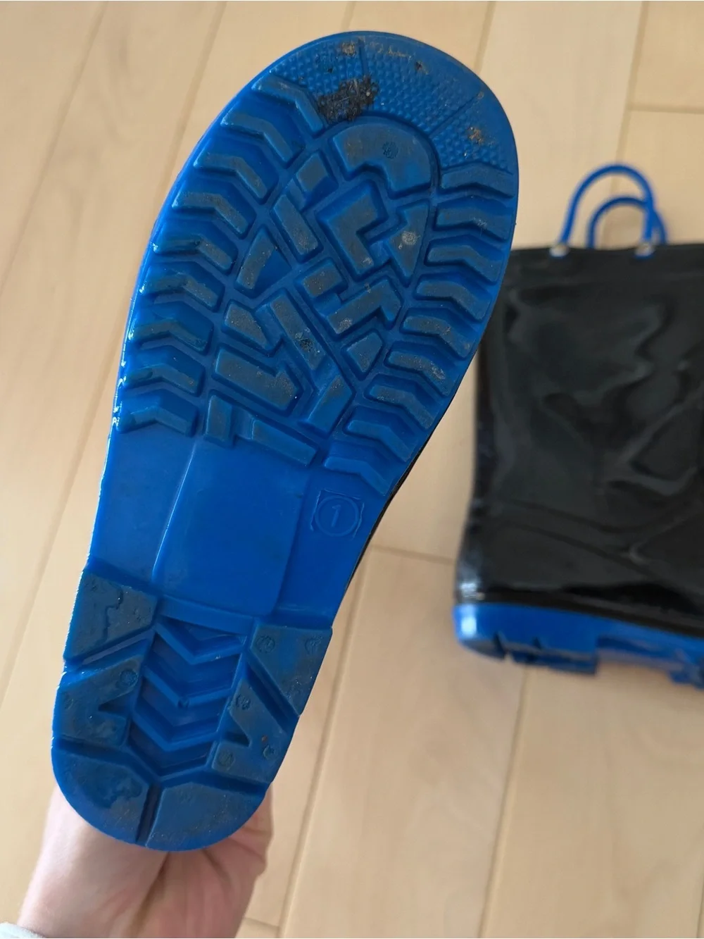 Kids Black Rain Boots with Blue Trim and Handles